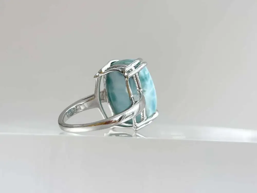 Larimar Solitaire Cabochon Gemstone Sterling Silver Claw Prong Set 925 Vintage R